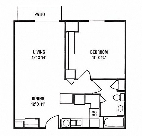 Floor plan for 1 bed, 1 bath, 689 sqft